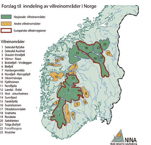 Figur 11.1 Figuren viser de ytre vurderingsgrensene for foreslåtte
villreinområder. Formell status og detaljerte grenser forutsettes
avklart gjennom regionale planprosesser etter plan- og bygningsloven,
jf. forslag i rapporten «Villrein og samfunn».