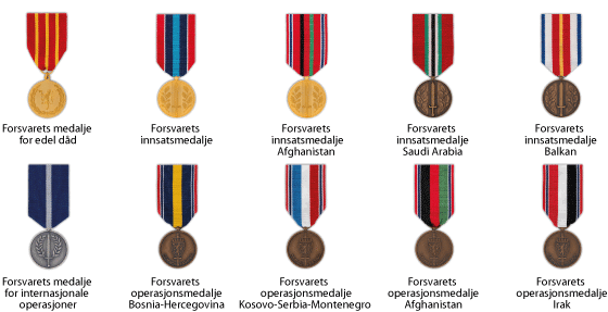 Figur 6.1 Militære dekorasjoner. Norske bragdmedaljer, deltakermedaljer og fortjenestemedaljer.