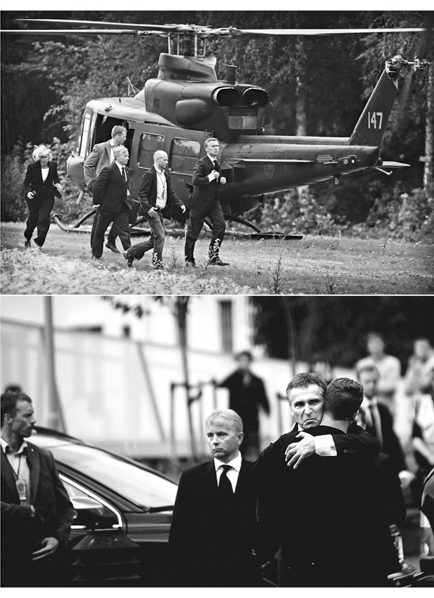 Figur 10.8 Øverst: Stoltenberg, Storberget og Strøm-Erichsen ankommer Sundvollen sammen med PST-livvakter. Nederst: Statsminister Stoltenberg og AUF-leder Eskil Pedersen på Sundvollen lørdag 23/7.