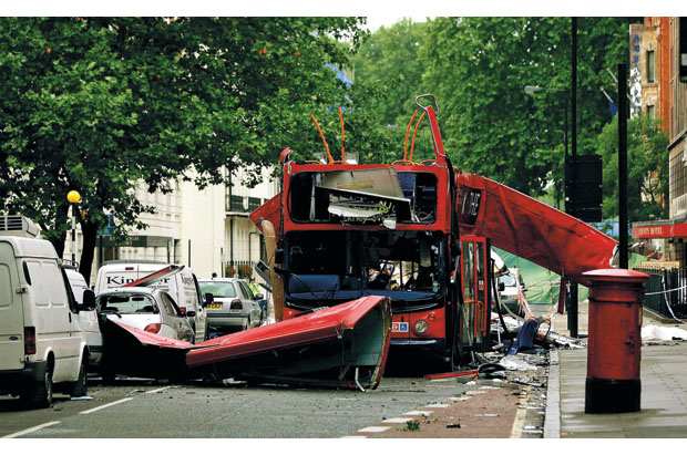 Figur 4.7 Angrep mot sivil infrastruktur i London 7. juli 2005. Tre bomber eksploderte på ulike T-banetog. En fjerde bombe ble sprengt i en buss.