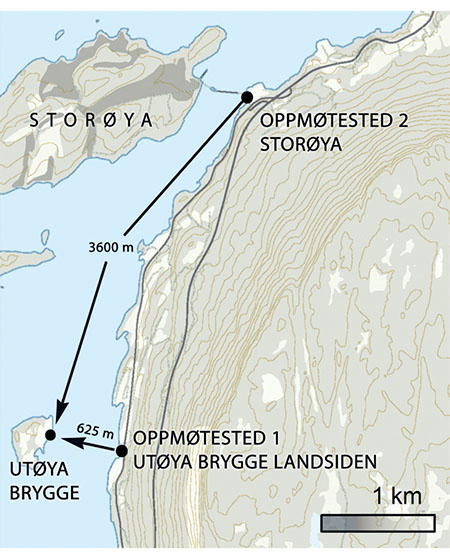 Figur 7.8 Oppmøtestedet ble flyttet til Storøya, mer enn 3 km lenger fra øya.