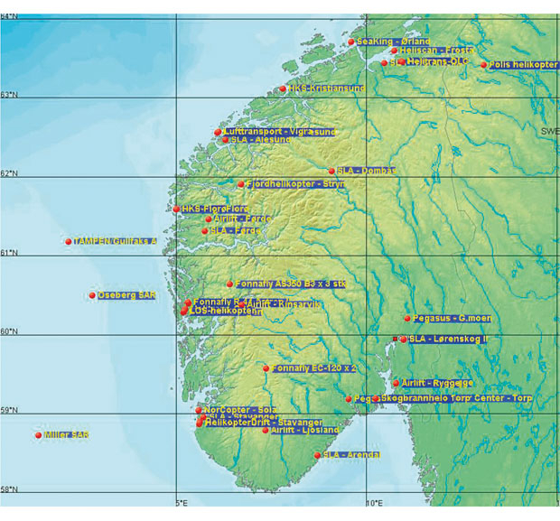 Figur 8.6 Skjermbilde fra oversikt over helikoptre fra Narre-systemet.