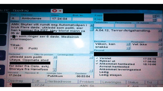 Figur 8.9 Første varsel om skyting ble godt registrert hos AMK kl. 17.24.04.
