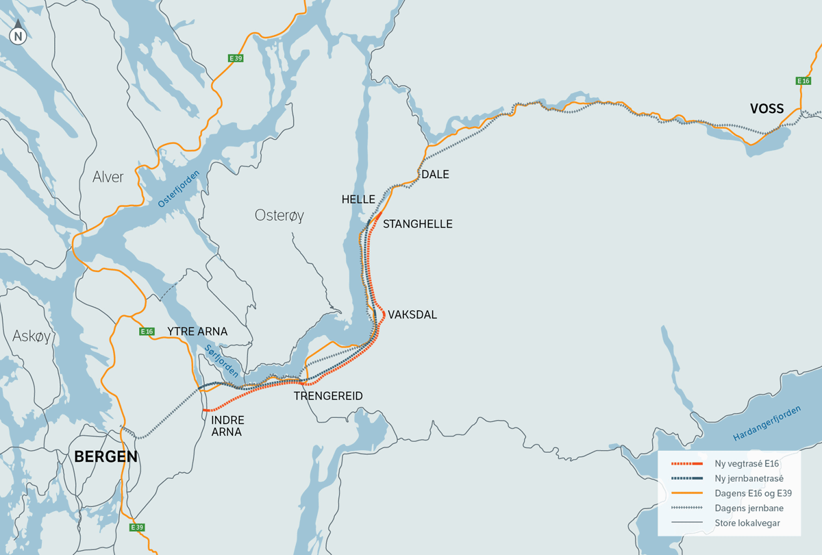 Figur 2.1 Oversiktskart for Fellesprosjektet Arna–Stanghelle