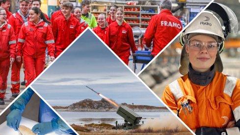 Forsidebilde til industrimeldingen, av Framo, Hydro, Kongsberg gruppen og en torskefilet.
