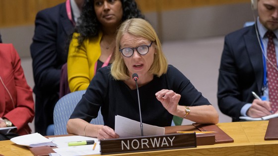 Utenriksminister Anniken Huitfeldt holder innlegg i Sikkerhetsrådet