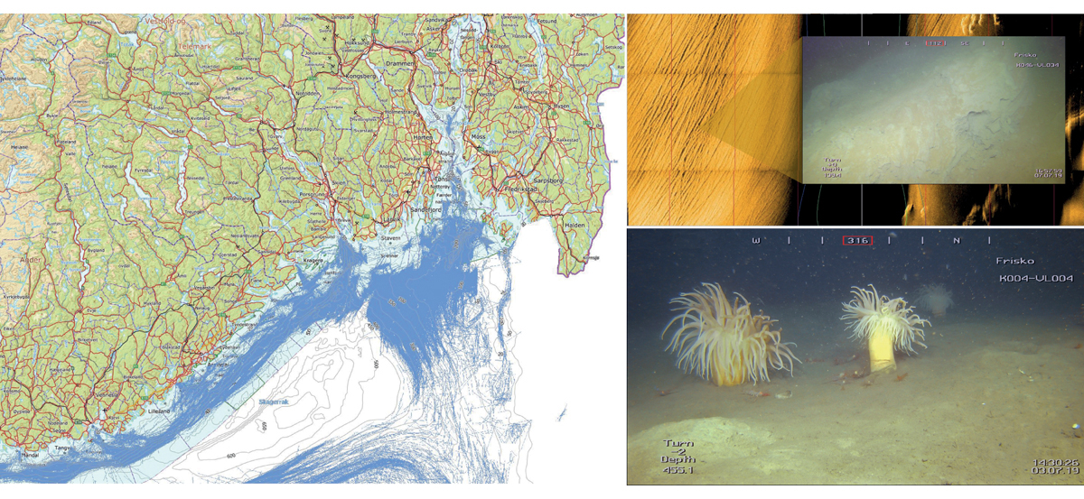 Figure 2.20 Impacts of human activity on the seabed. Left: map of trawl tracks (blue) from vessels over 15 m in length in the period 2011–2019. Right: sonar images of the seabed in the outer Oslofjord showing the impacts of trawling. Close-up of trawl tracks at ...