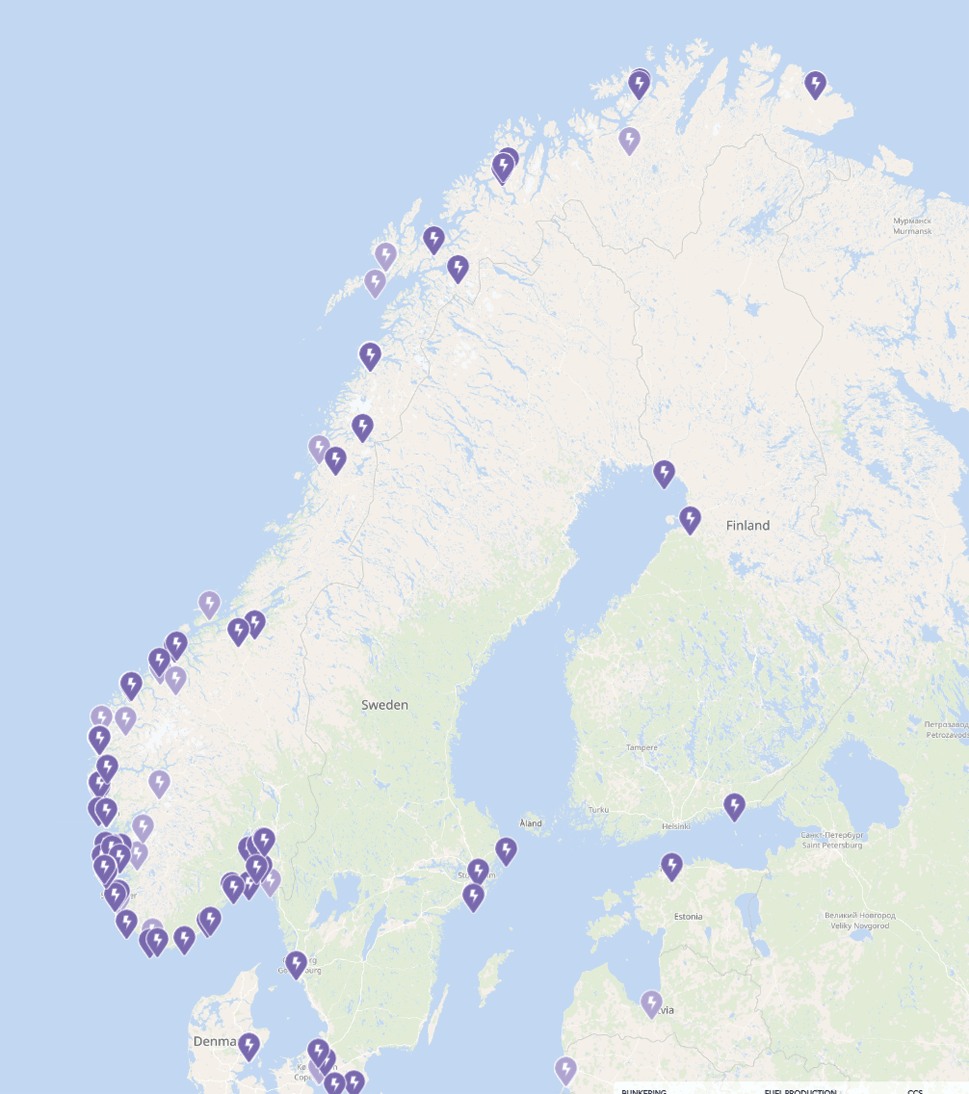 Figur 6.8 Oversikt over landstrøm- og ladeanlegg i Norge