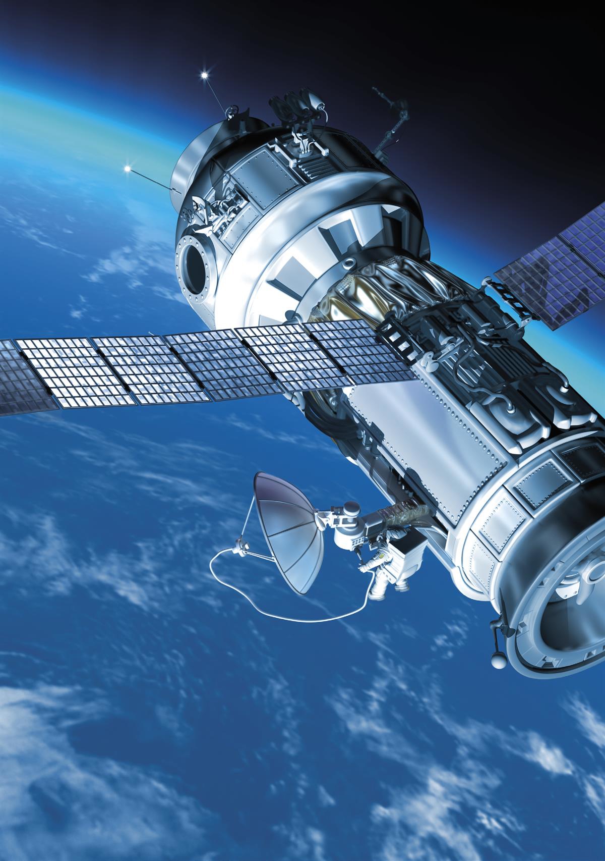 Illustration of a sattellite with the earth in the background.