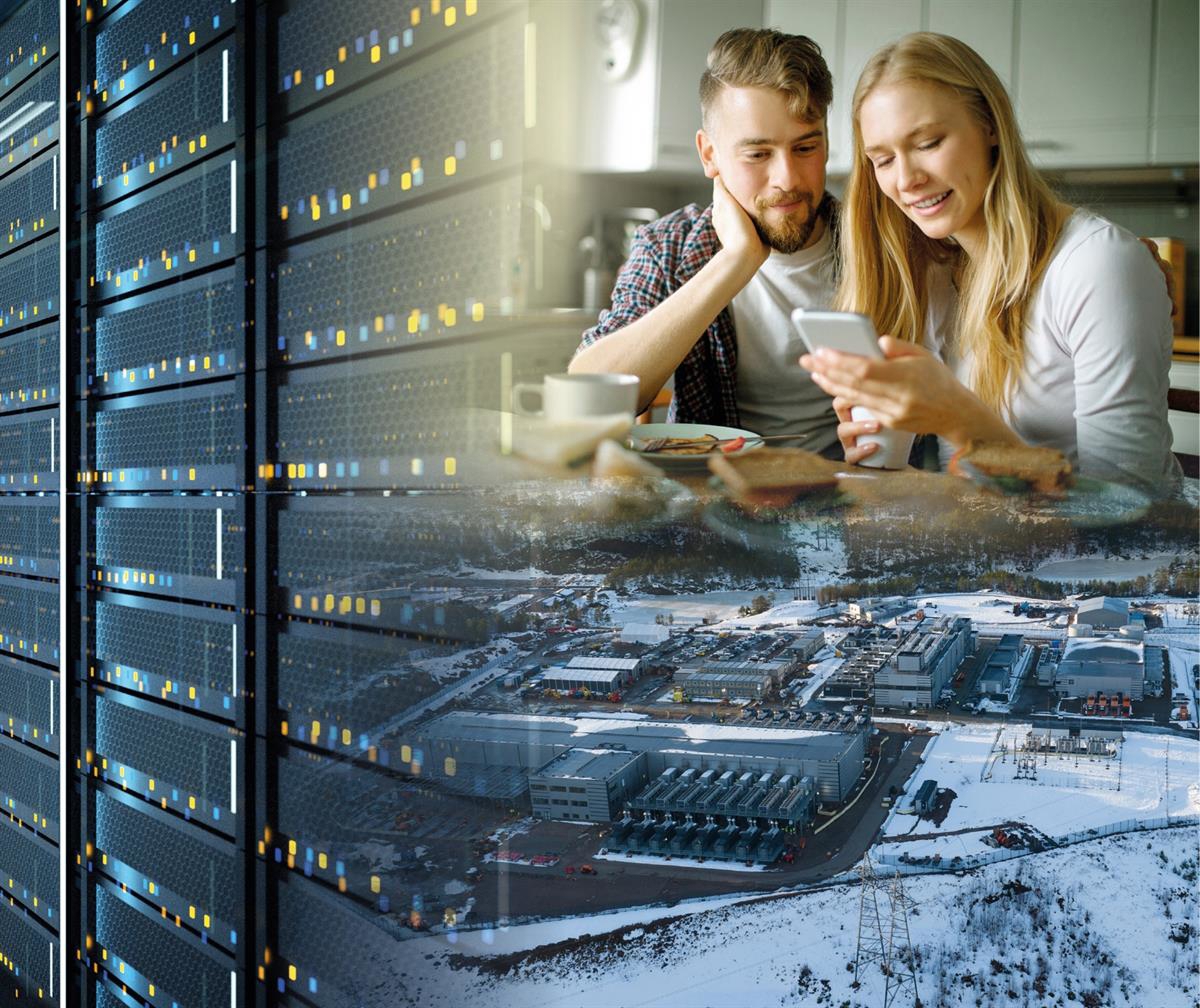 Kollasj med to personer som ser på en mobiltelefon, datasenter og et dataserverrom.