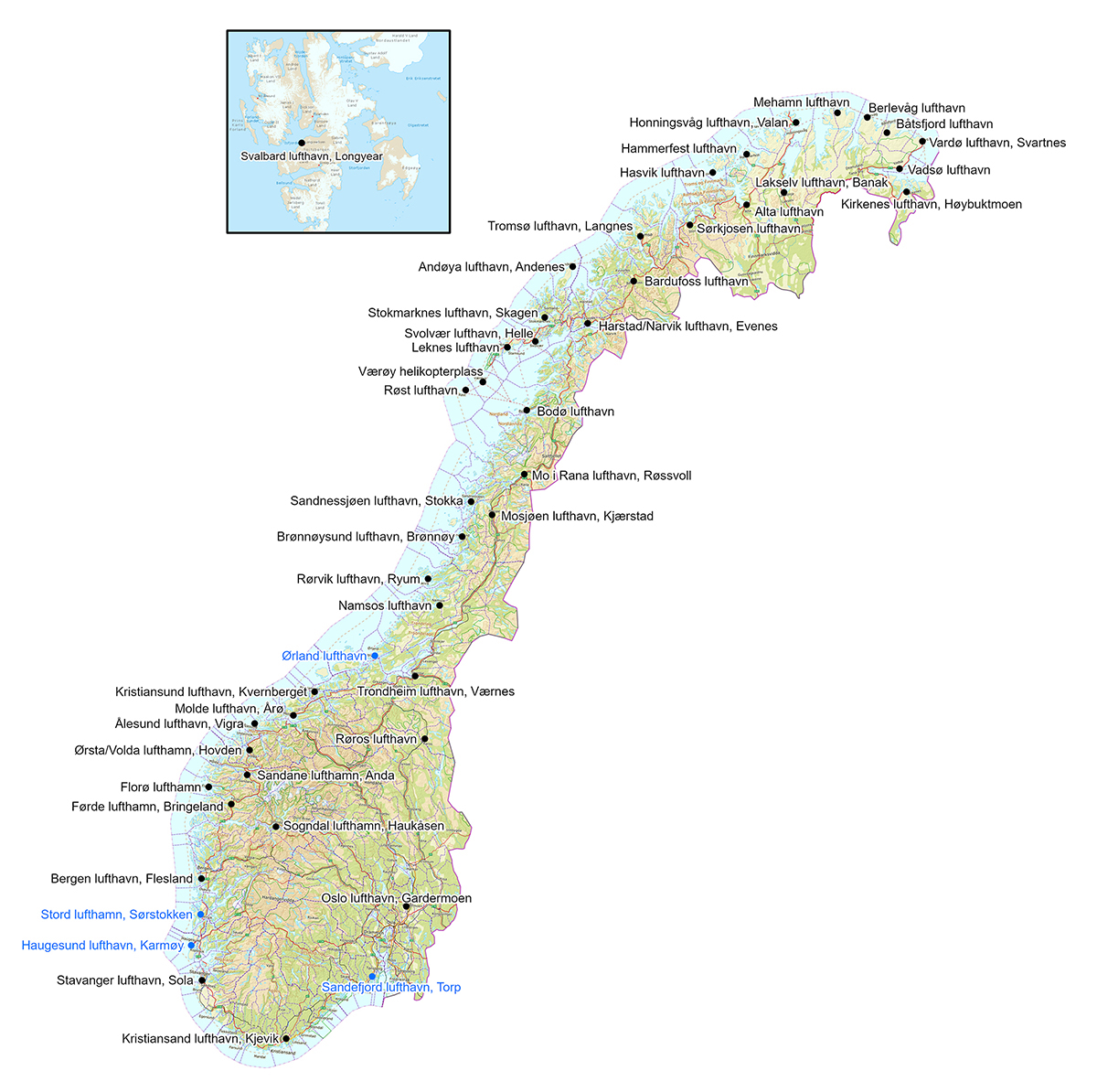 Figur 3.1 Lufthavner med flyrutetilbud i 2022