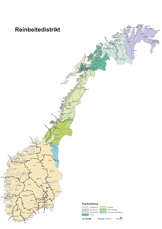 Figur 4.1 Kartillustrasjonen som viser den geografiske utstrekningen
av landets reinbeiteområder. Fordi det ikke har vært
mulig å oppdrive egnede digitale kart over reindriftsområdene
i Trollheimen og omegn, verken fra reindriftsforvaltningen eller
fra annet hold, vises ikke disse områdene på kartet.