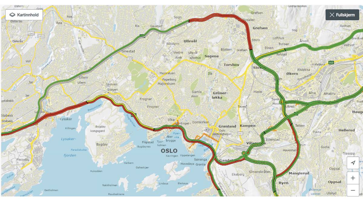 Figur 5.1 Visualisering av dynamiske data om reisetider for biltrafikk