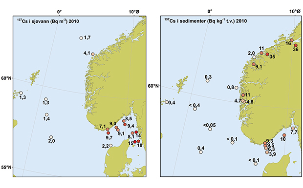 Figur 3.6 Kartene angir nivåene av cesium-137 i sediment og sjøvann fra Nordsjøen og Skagerrak i 2010