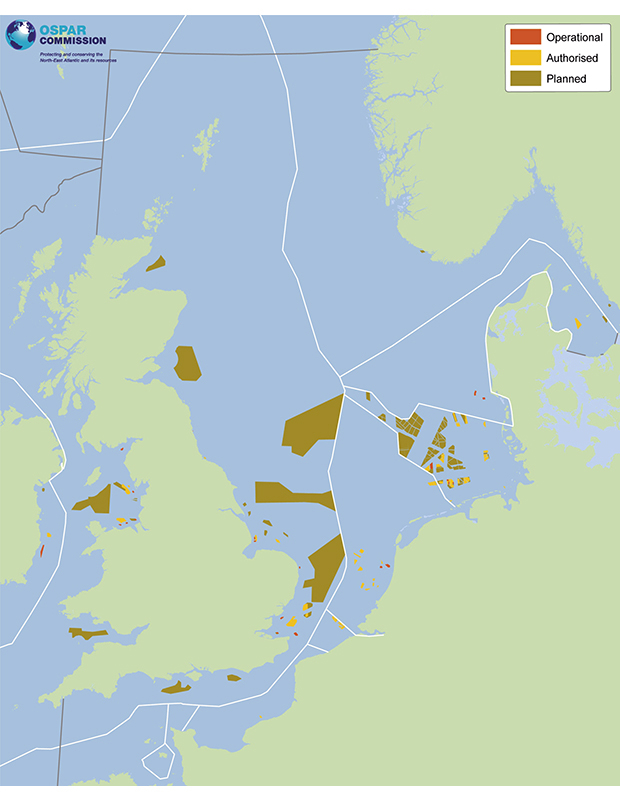 Figur 4.12 Planlagte og etablerte havvindanlegg i nordsjøområdet.