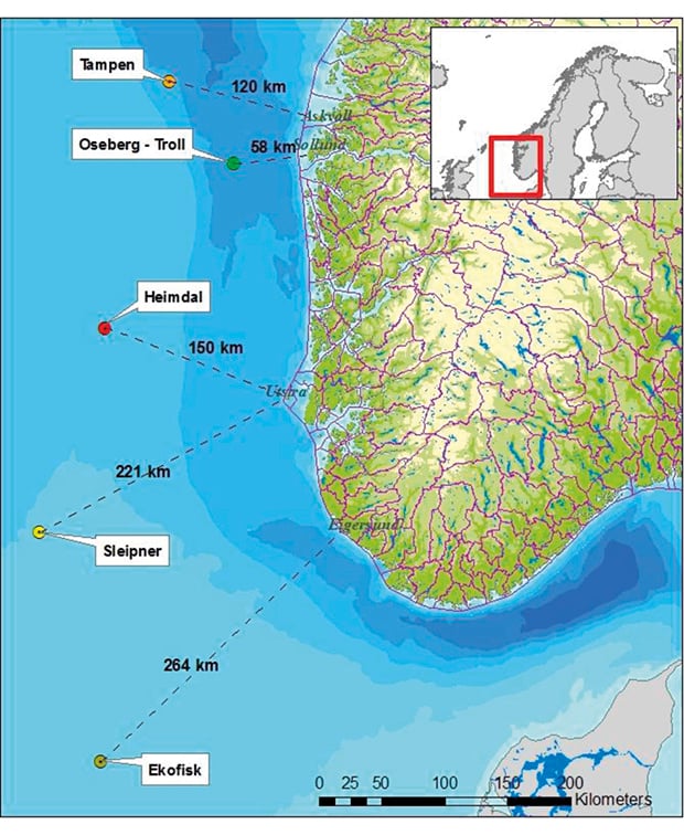Figur 6.5 Utslippspunkter/hovedområder benyttet i beregningene