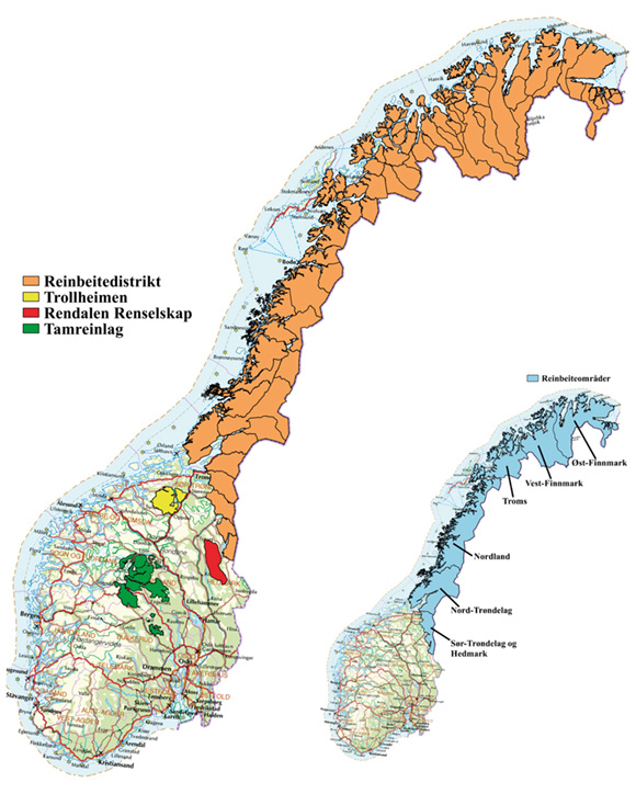 Figur 2.2 Oversiktskart over reindriftens utbredelse i Norge