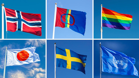 Collage med flagg. Flaggene er: Norsk, samisk, regnbue, Japan, Sverige og FN