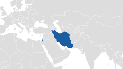 Kart som viser Israel og Iran